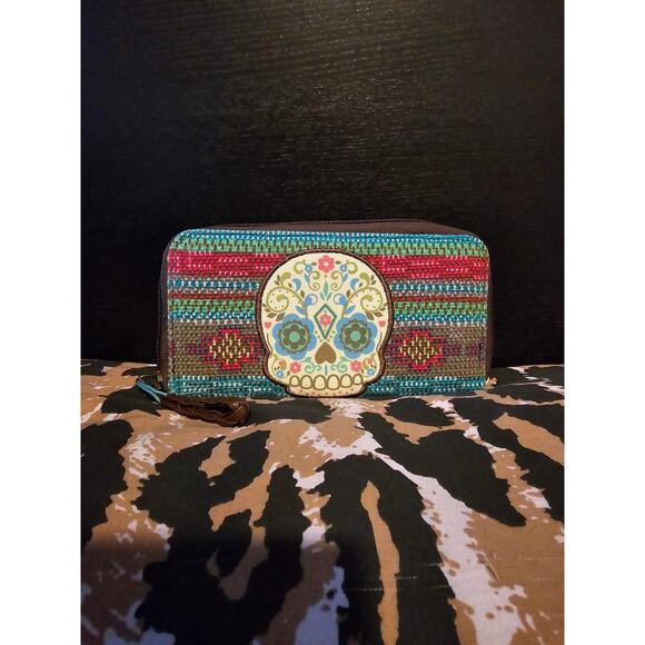 Unbranded boho sugar skull zip wallet woven with patch credit card slots - Picture 1 of 7